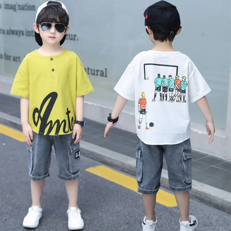 New style summer boys human printing short sleeve T shirt and casual denim shorts 2 pieces clothing set for kids, Picture shows 
New style summer boys human printing short sleeve T shirt and casual denim shorts 2 pieces clothing set for kids, Picture shows