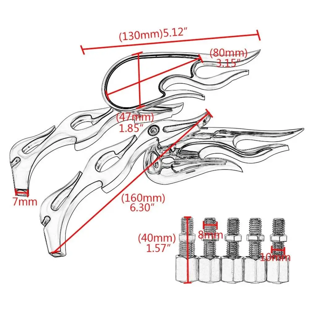 2xAlloy 180 Degrees Chrome Flame Rearview Mirrors w/ 8mm&10mm Screws Universal