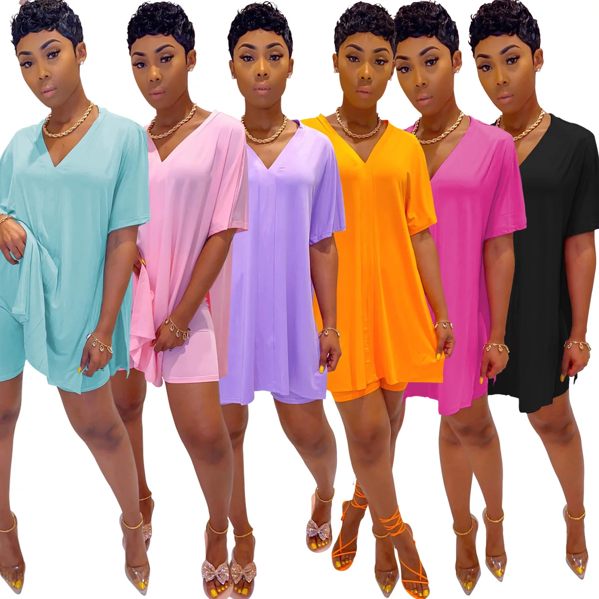 Wholesale 2 piece plain v neckBat sleeve split tshirt and shorts set for women, Multi color
Wholesale 2 piece plain v neckBat sleeve split tshirt and shorts set for women, Multi color