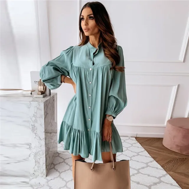 Women Vintage Ruffled Front Button A-line Dress Long Sleeve Stand Collar Solid Elegant Casual Mini Dress, Picture showed
Women Vintage Ruffled Front Button A-line Dress Long Sleeve Stand Collar Solid Elegant Casual Mini Dress, Picture showed