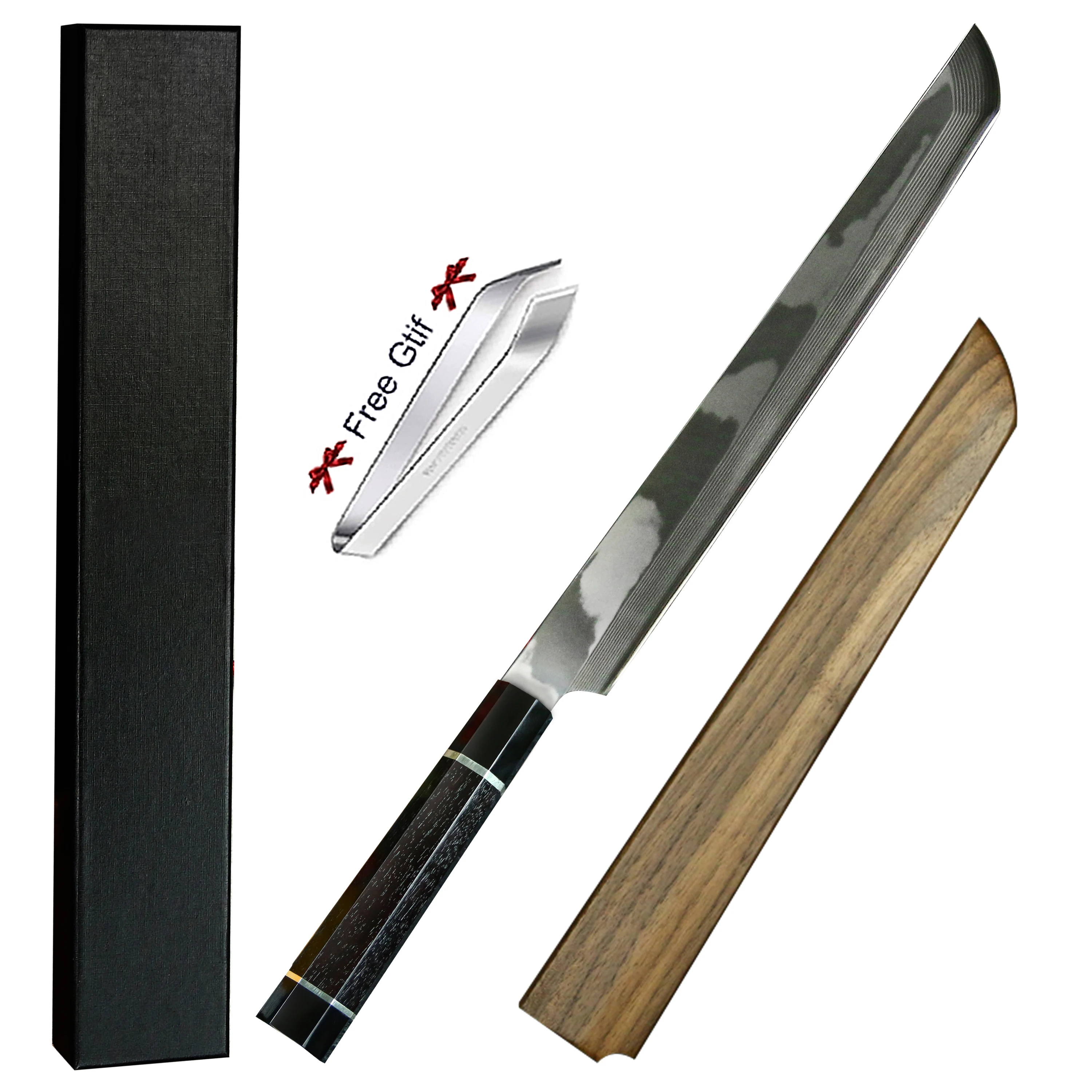 Super Quality Damascus VG 10 Steel Sakimaru fish knife with black ebony wood handle
Super Quality Damascus VG 10 Steel Sakimaru fish knife with black ebony wood handle