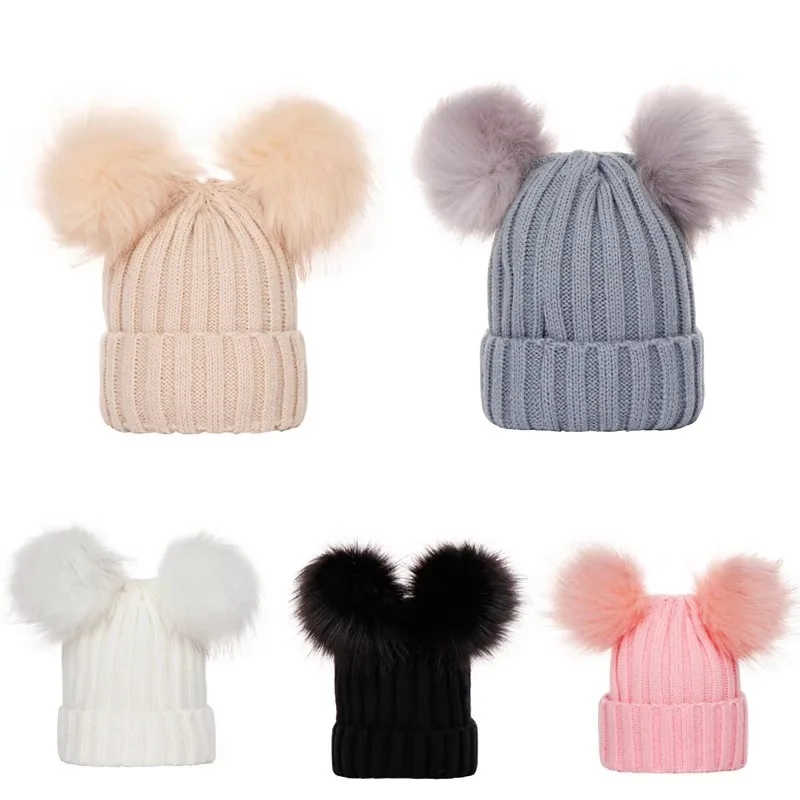 0-24 Months Baby Hats Newborn Infant Beanie with faux Fur Pom Pom Winter