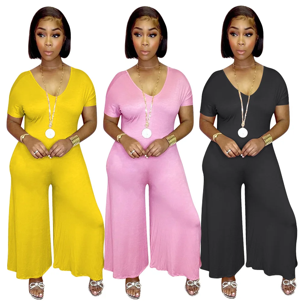

DUODUOCOLOR Summer new style casual fashion loose pocket sexy 2021 v neck solid color women jumpsuit D10746, Yellow, black, pink