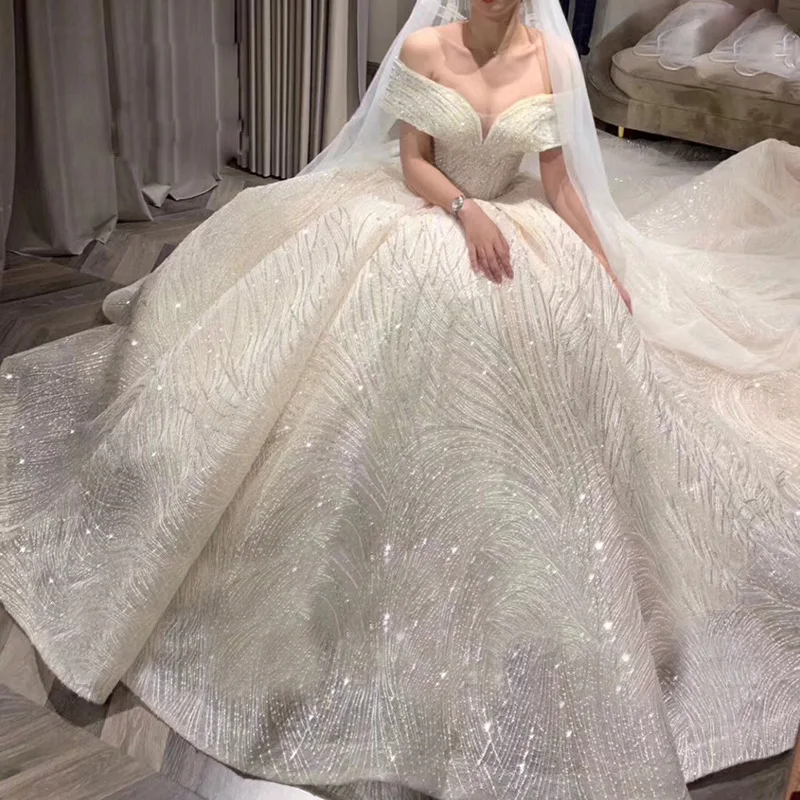 2021 Dream starry bride main off shoulder high-waisted luxury tail wedding dresses, White
2021 Dream starry bride main off shoulder high-waisted luxury tail wedding dresses, White
