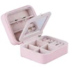 Stock low moq pink pu leather zipper necklace earrings rings travel portable jewelry box , jewellery travel case