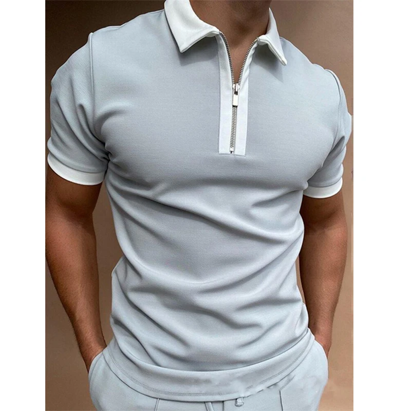 Fitness short sleeves with zipper Light blue Polo collar matching casual men zipper polo shirt 
Fitness short sleeves with zipper Light blue Polo collar matching casual men zipper polo shirt