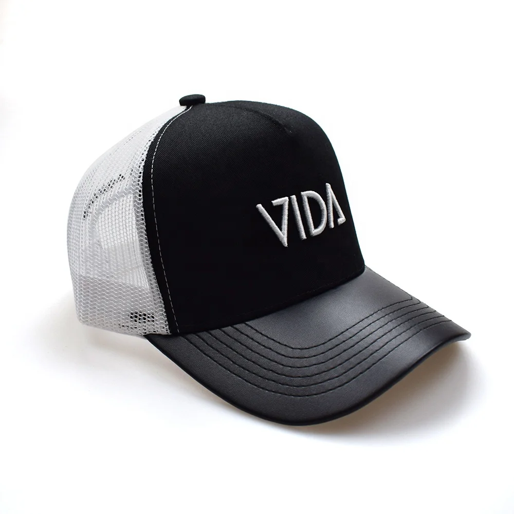 Custom black trucker cap white mesh 3d embroidery logo trucker hat with leather brim
Custom black trucker cap white mesh 3d embroidery logo trucker hat with leather brim