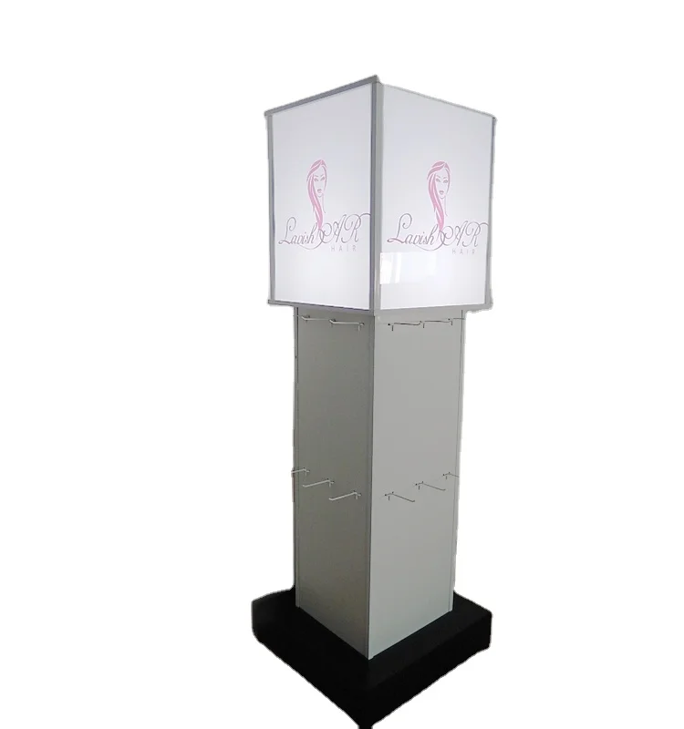 Floorstanding Acrylic Top Illumination Metal Rotating 4-Way Hook Retail Hair Extensions Display