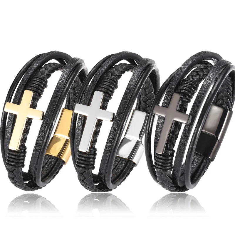 hot selling wholesale jewelry stainless steel golden cross men's multi-layer woven black bracelet
hot selling wholesale jewelry stainless steel golden cross men's multi-layer woven black bracelet