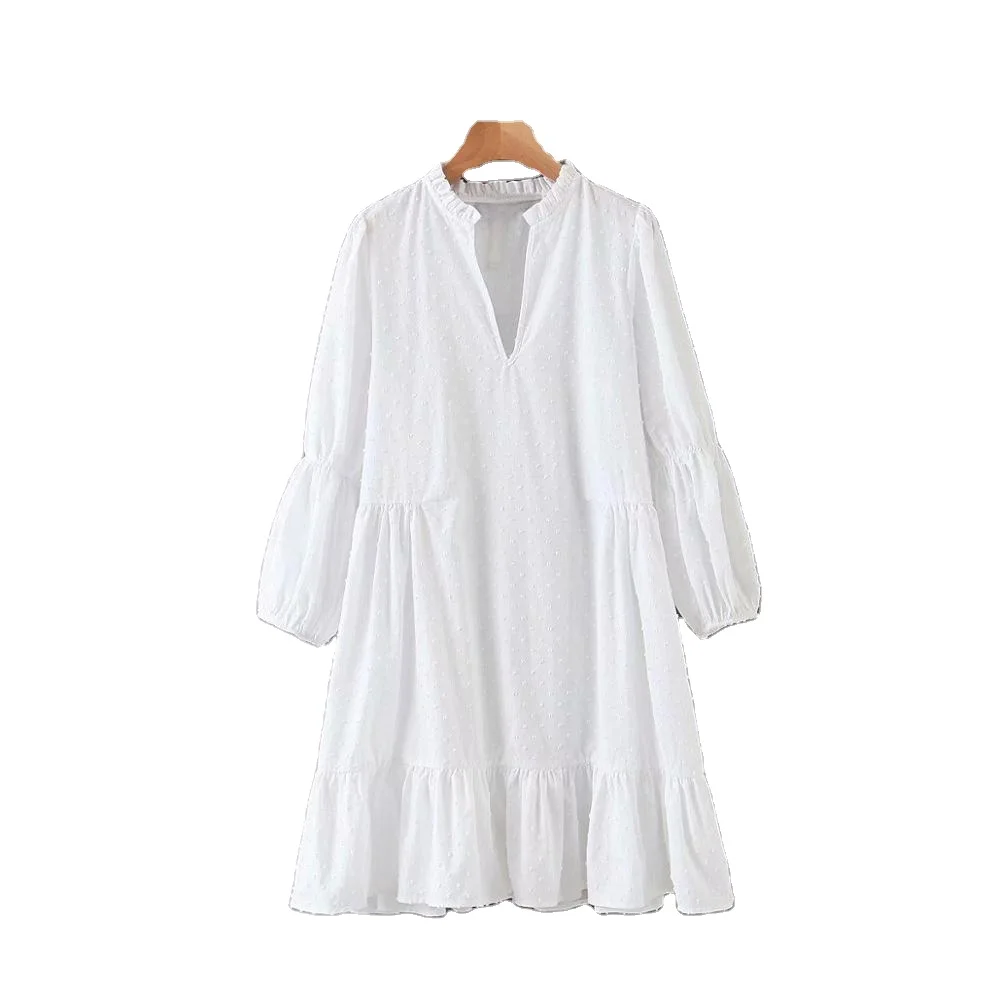 Ruffle v collar white color long sleeve korean style women summer cotton casual dress
Ruffle v collar white color long sleeve korean style women summer cotton casual dress