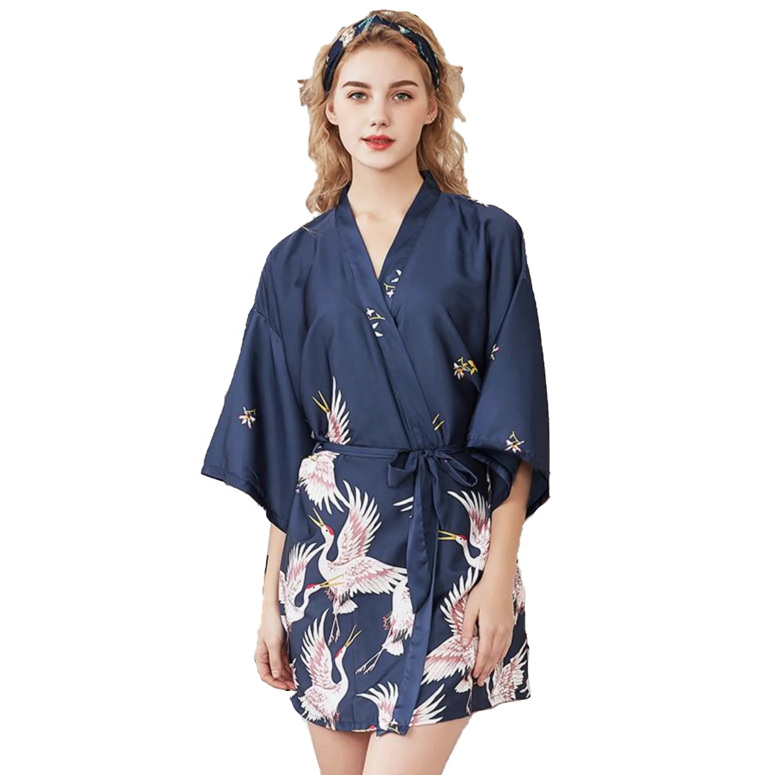 

2021 Hot Sell Sexy Short Wedding Romper Sleepwear Bridesmaid Kimono Robes Pajamas Crane Printed Silk Satin Robes Women, Camel, coral, dark lotus, grey, navy blue, black, burgundy...