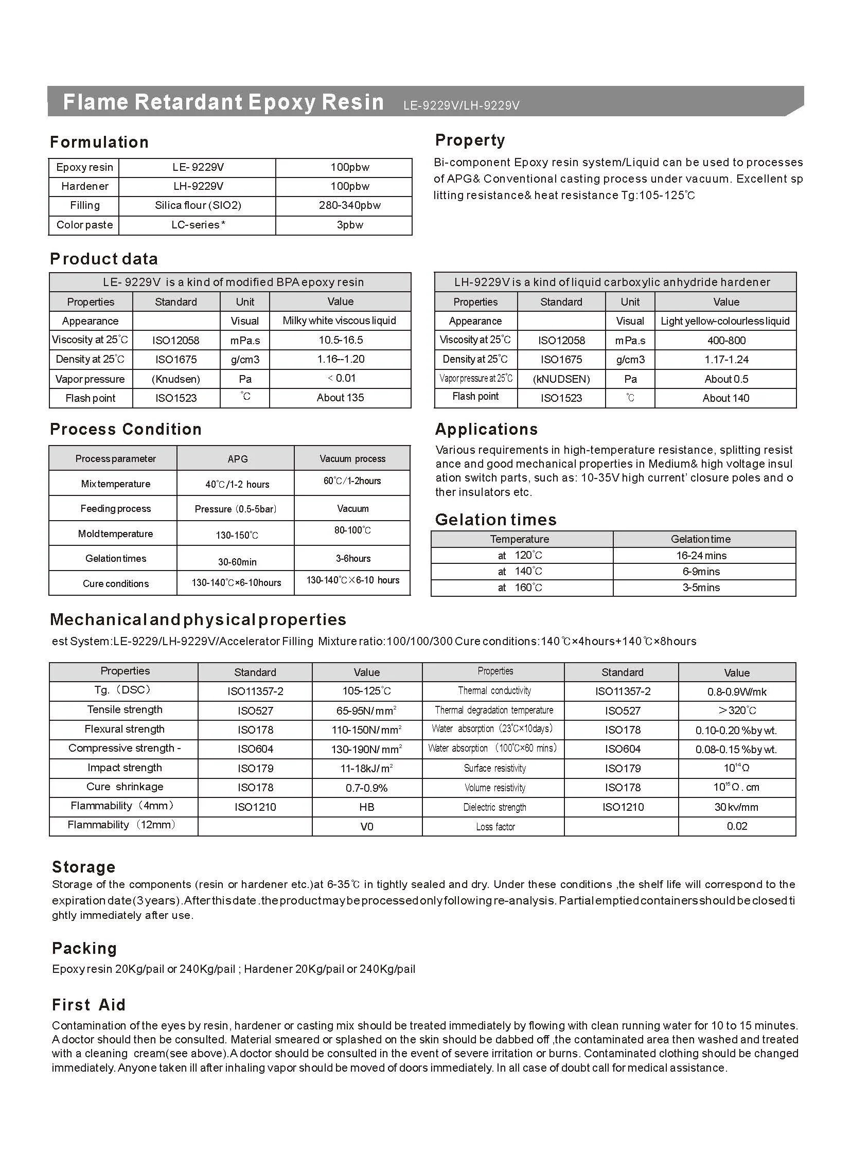 Flame Retardant Epoxy Resin for 10-1100KV Electrical Insulation with High TG (70-125°C) and APG & Casting Process