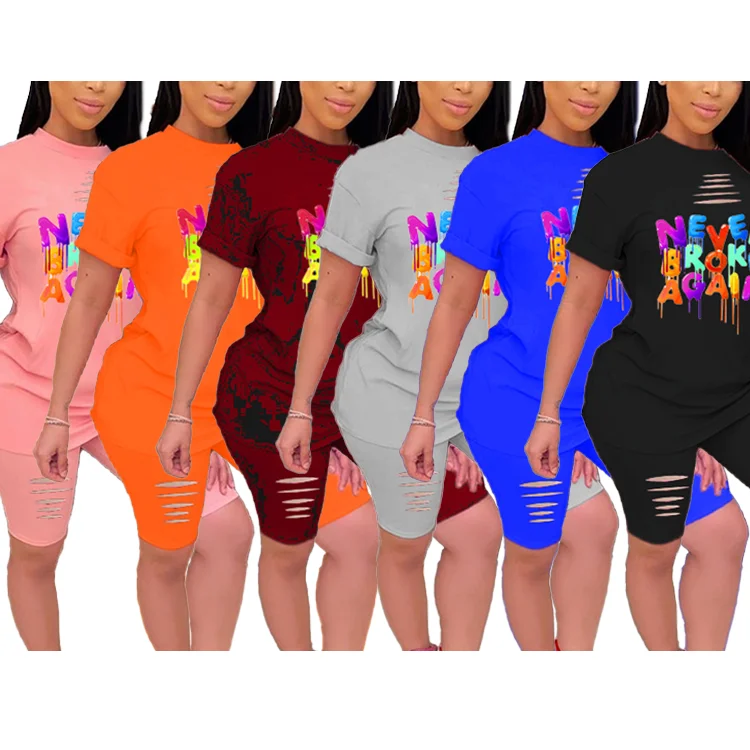 Custom Lady 2 Pcs T-shirt Shorts Hole Letter Print Tracksuit Plus Size Casual Summer Women Two Piece Set, Picture
Custom Lady 2 Pcs T-shirt Shorts Hole Letter Print Tracksuit Plus Size Casual Summer Women Two Piece Set, Picture