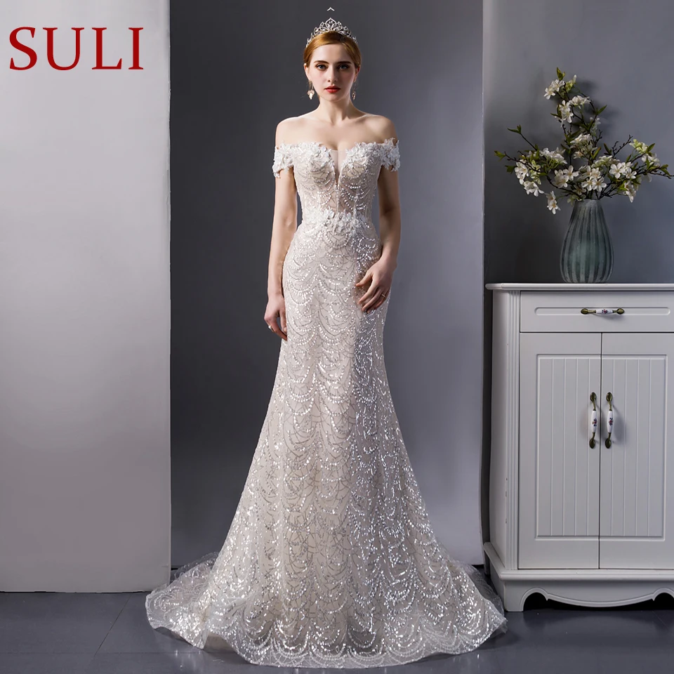 SL6102 luxury off the shoulder mermaid wedding dresses short sleeves tulle sequined crystal wedding gowns with detachable train
SL6102 luxury off the shoulder mermaid wedding dresses short sleeves tulle sequined crystal wedding gowns with detachable train