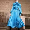 A3275 Blue Satin Flow Long Dress Stand Neck With Belt Ruffler Modern Girl Dress
