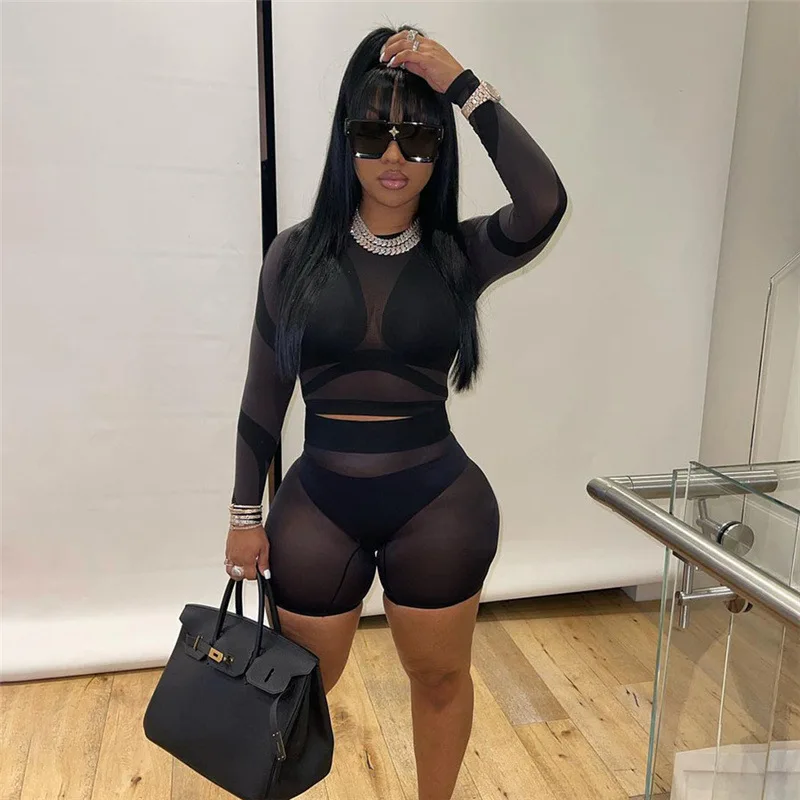 Mesh Sexy Women Sets Two Piece See Through Striped Midnight Club Long Sleeve Top High Waist Shorts Outfits Tracksuit C13902
Mesh Sexy Women Sets Two Piece See Through Striped Midnight Club Long Sleeve Top High Waist Shorts Outfits Tracksuit C13902