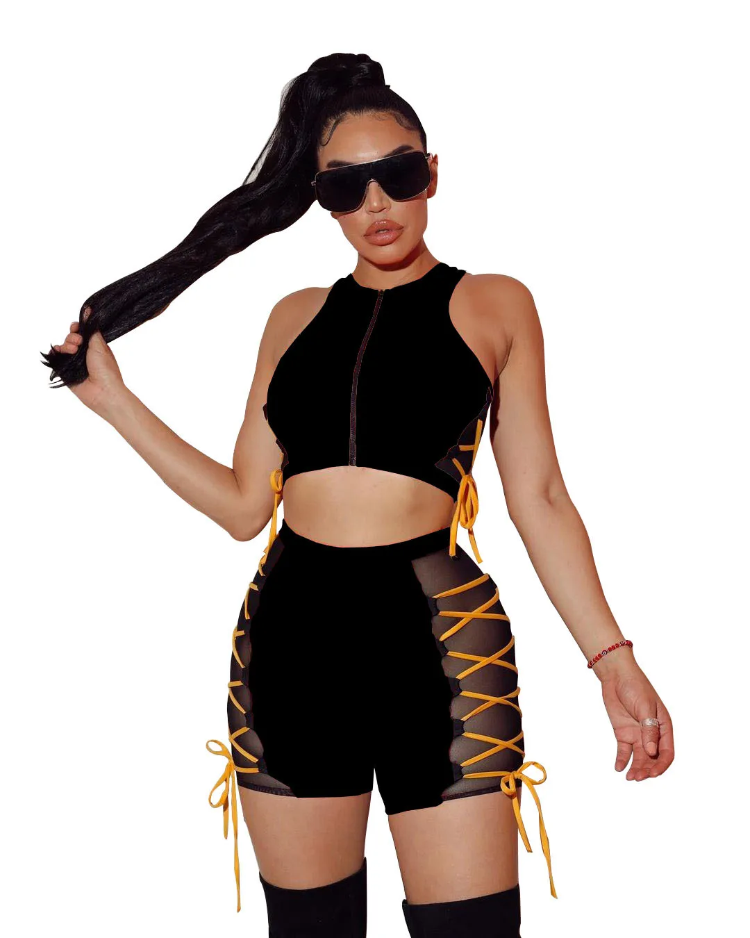 Nightclub coat rope zipper mesh rope Sleeveless top and shorts women 2 piece sexy set, 3 color
Nightclub coat rope zipper mesh rope Sleeveless top and shorts women 2 piece sexy set, 3 color