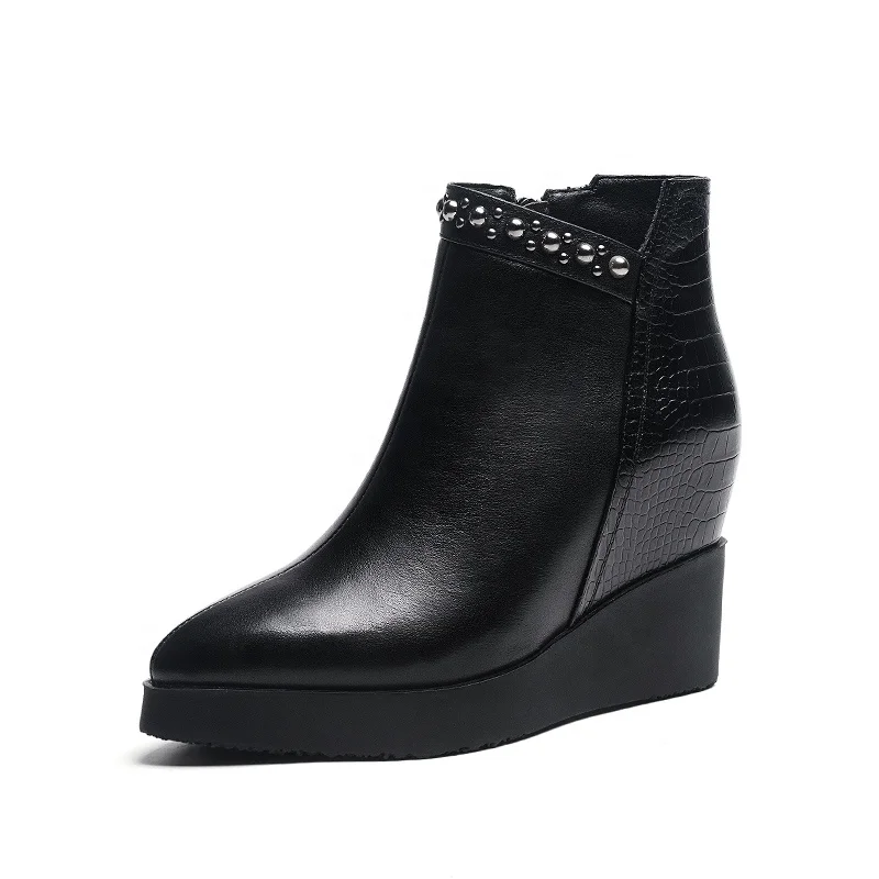 J277 Comfy beads dot thick sole wedge heels ankle boots women shoes, Black 
J277 Comfy beads dot thick sole wedge heels ankle boots women shoes, Black