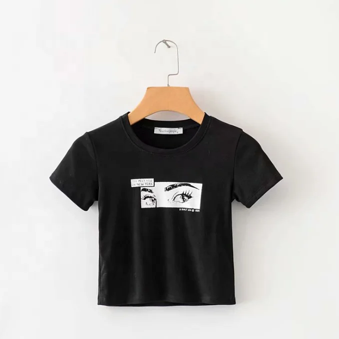 Casual wholesale round neck eye print fitting cotton sleeveless short women tee shirt, Black
Casual wholesale round neck eye print fitting cotton sleeveless short women tee shirt, Black