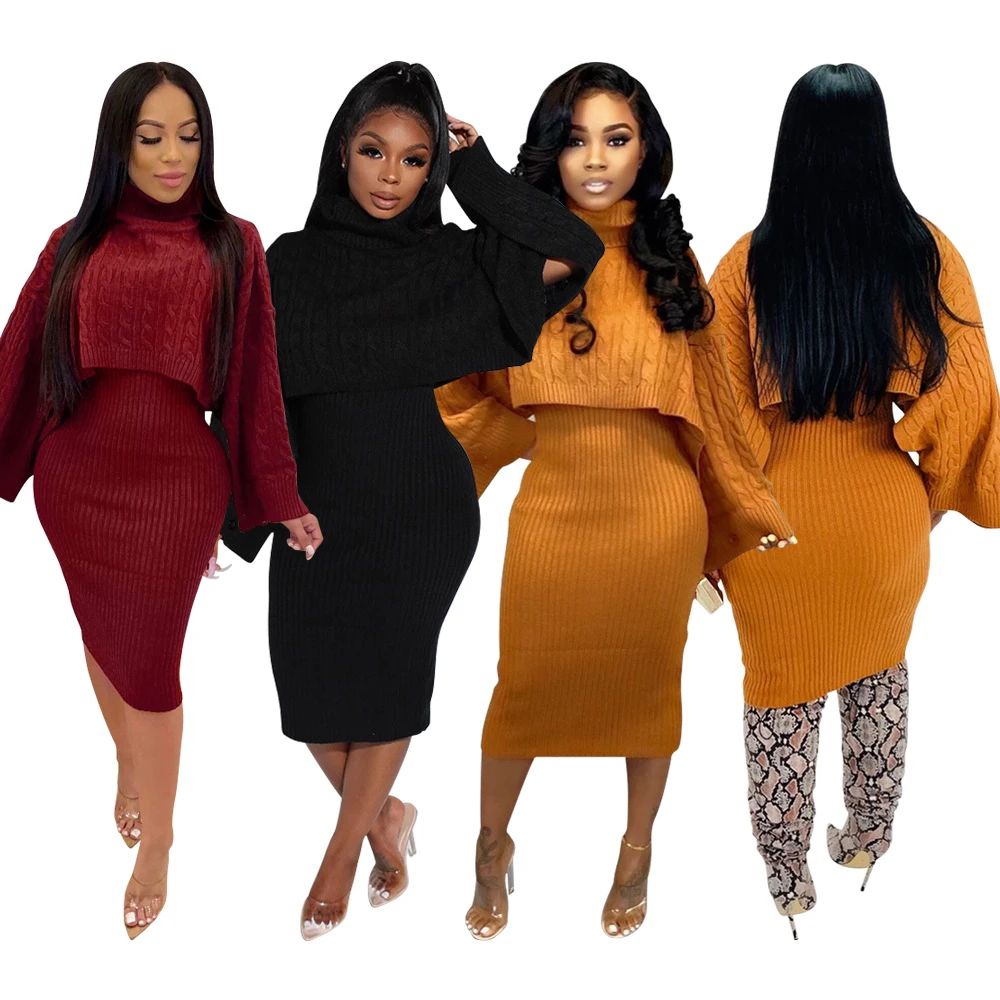 Knitted Long Sleeve Two PC Sweater Dresses Women Elegant African Winter Bodycon Turtle Neck Crop Top with Midi Dress Set RS00109
Knitted Long Sleeve Two PC Sweater Dresses Women Elegant African Winter Bodycon Turtle Neck Crop Top with Midi Dress Set RS00109