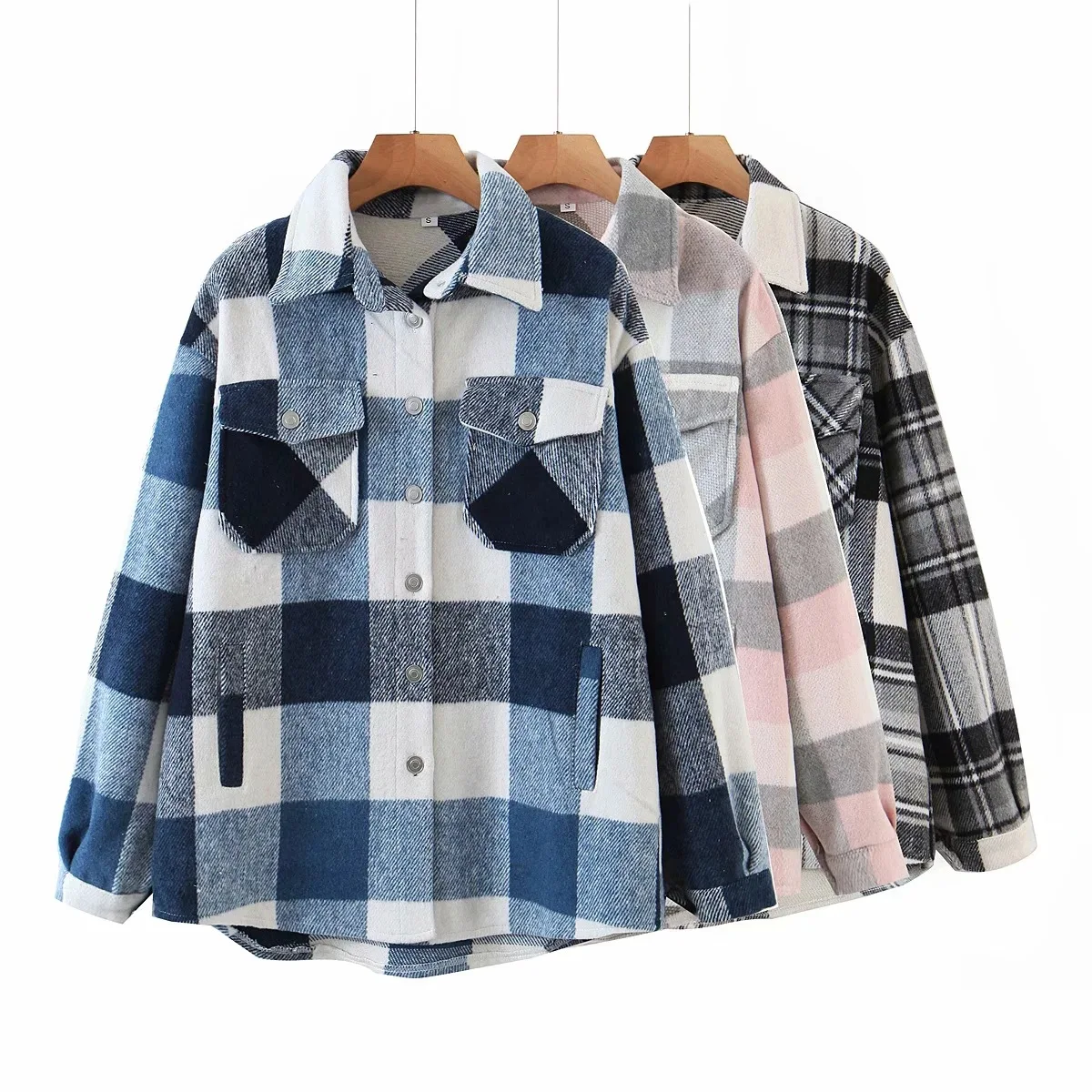 Simple contrast Plaid medium Length Woolen Coat Autumn Winter Women Loose Shirt Coat, 18 colors
Simple contrast Plaid medium Length Woolen Coat Autumn Winter Women Loose Shirt Coat, 18 colors