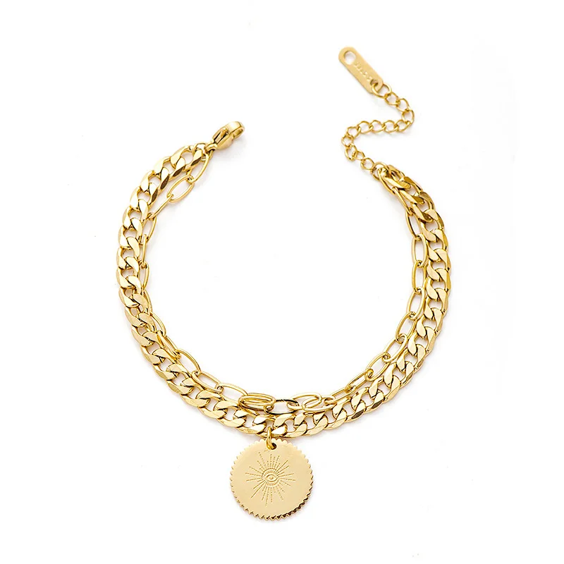 European and American fashion gold stainless steel coin pendant multilayer bracelet bangles for woman
European and American fashion gold stainless steel coin pendant multilayer bracelet bangles for woman