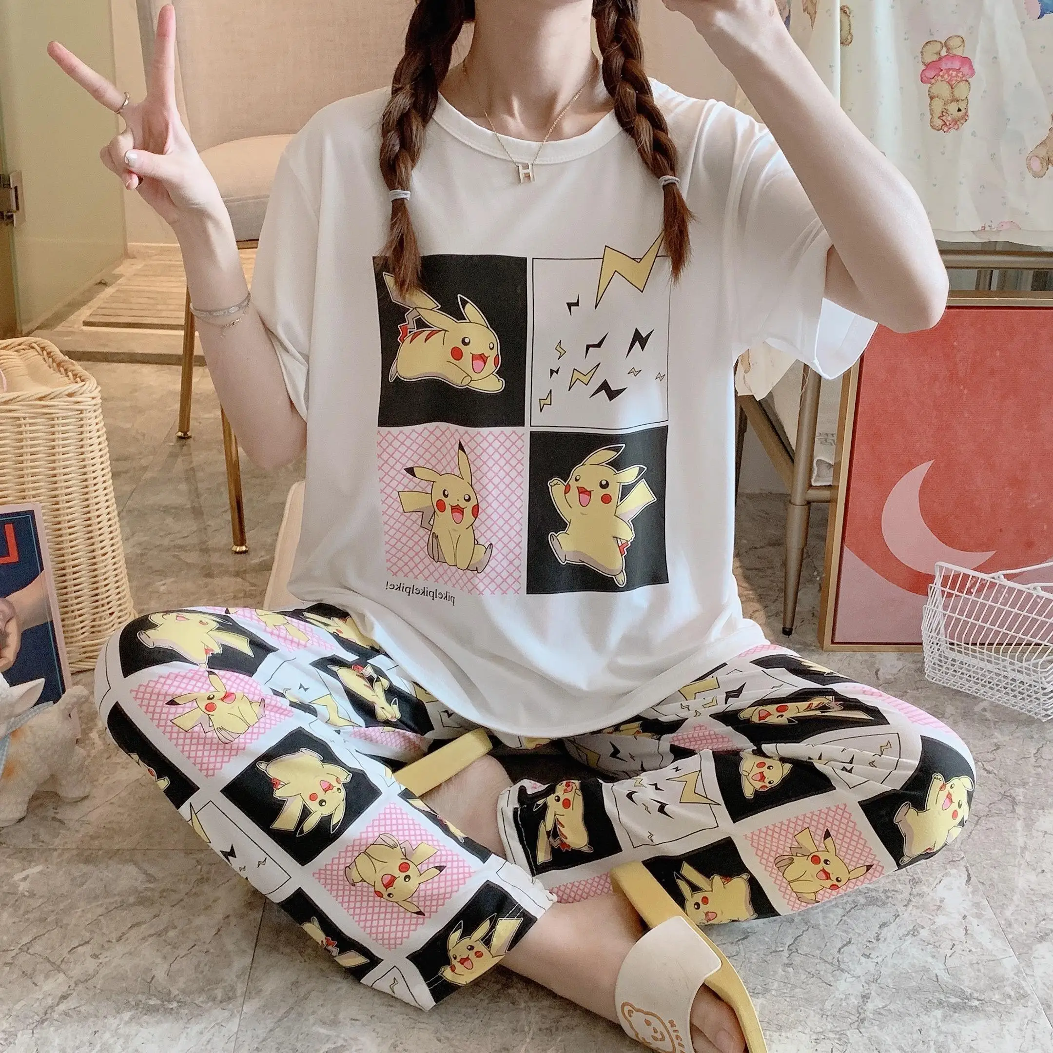Cute Pijamas Woman Summer Short Sleeve Printed Patterned Pajama Cartoon Terno Pajama Women'S Sleepwear
Cute Pijamas Woman Summer Short Sleeve Printed Patterned Pajama Cartoon Terno Pajama Women'S Sleepwear