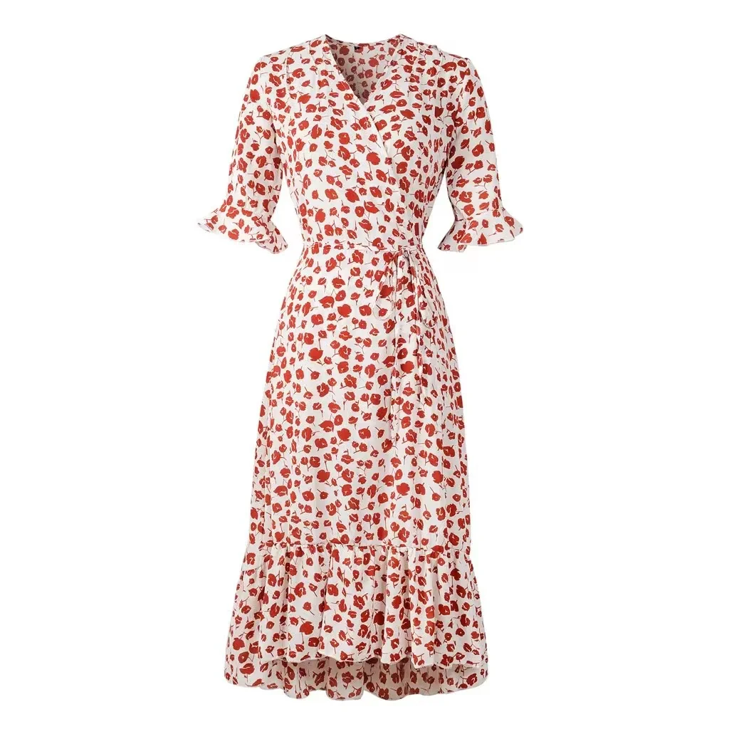 American style high quality v neck dress womens summer elegant casual maxi floral dresses, Black/red
American style high quality v neck dress womens summer elegant casual maxi floral dresses, Black/red