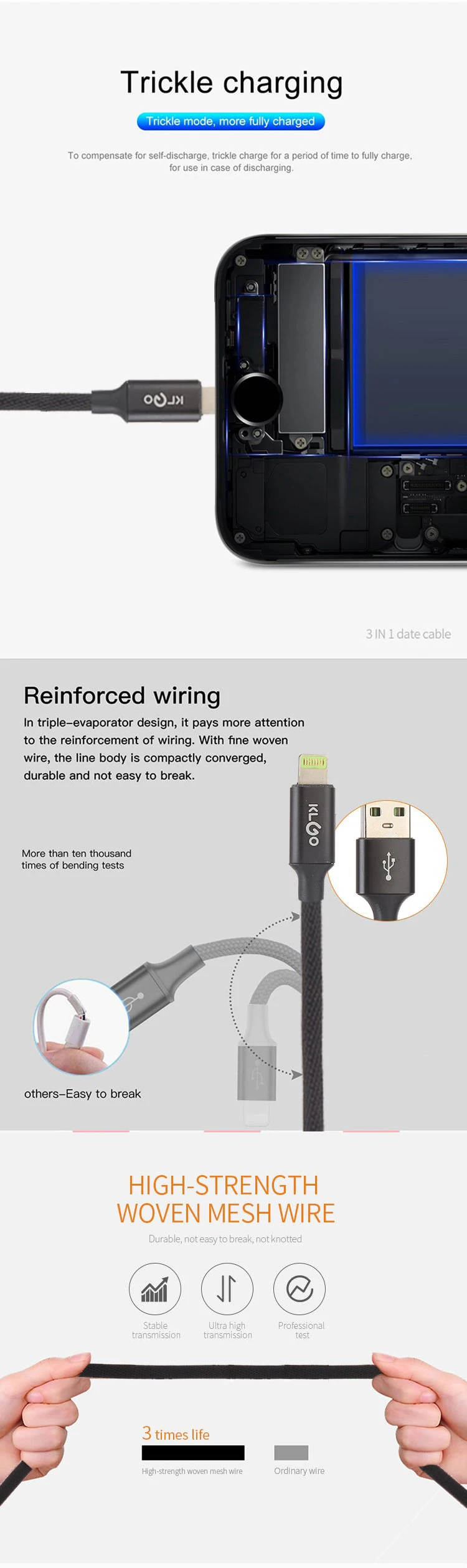 KLGO 3 in 1 Usb Data Cable Type-c High Speed 3 in 1 Data Line Charging Cable - ANKUX.COM