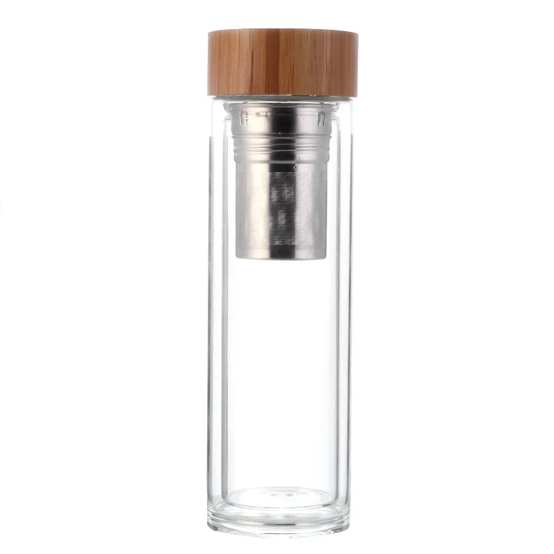 

Bamboo lid Double Wall Glass Tumbler Water Bottle with SS infuser strainer, Transparent clear