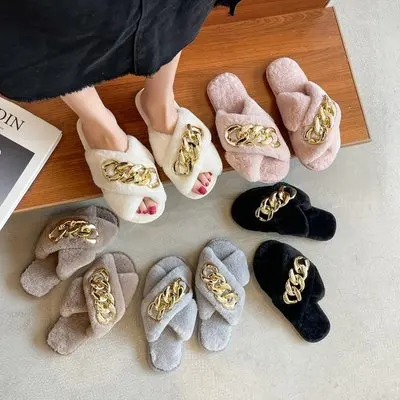 New arrival fashion fur slippers large size women's shoes thick sole plush slides chain buckle wool slippers, Black white grey coffee and pink
New arrival fashion fur slippers large size women's shoes thick sole plush slides chain buckle wool slippers, Black white grey coffee and pink