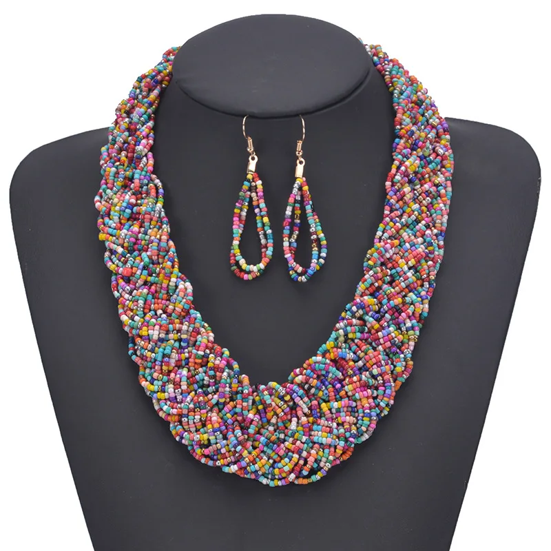 Bohemian hand-woven rice beads ladies clavicle chain Fashion exaggerated jewelry European and American necklace earring set, Gold and silver
Bohemian hand-woven rice beads ladies clavicle chain Fashion exaggerated jewelry European and American necklace earring set, Gold and silver
