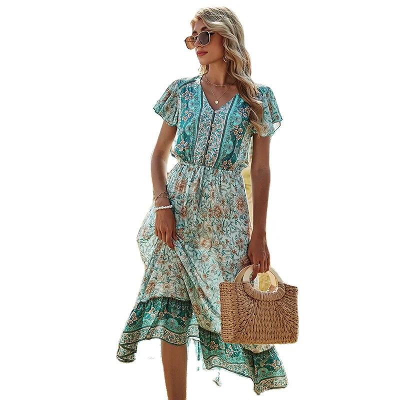 New summer casual holiday style printed V-neck short sleeve single breasted dress, As photo
New summer casual holiday style printed V-neck short sleeve single breasted dress, As photo