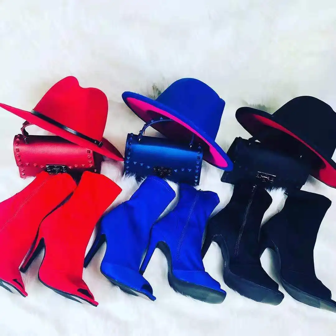 New style womens hats small handbags fish mouth open toe stretch high heel boots shoes with fashionable design suit
New style womens hats small handbags fish mouth open toe stretch high heel boots shoes with fashionable design suit