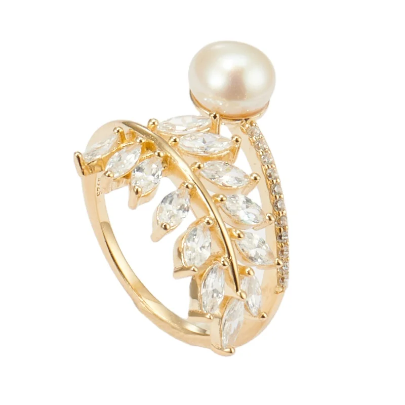 Manufactures 14K Gold Plated Freshwater Pearl Leaf Opening Ring Full Cubic Zircon Wedding Rings
Manufactures 14K Gold Plated Freshwater Pearl Leaf Opening Ring Full Cubic Zircon Wedding Rings