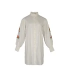 Elegant design white custom ruffle neck cotton knee length embroidered floral long sleeve dress for women
