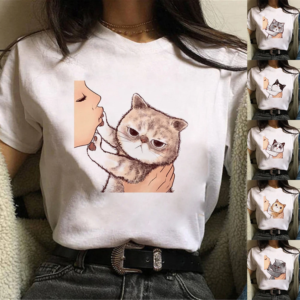 2021 Summer Women T-shirt Kiss a cute cat Printed Tshirts Casual Tops Vintage White tshirt Female Clothing
2021 Summer Women T-shirt Kiss a cute cat Printed Tshirts Casual Tops Vintage White tshirt Female Clothing