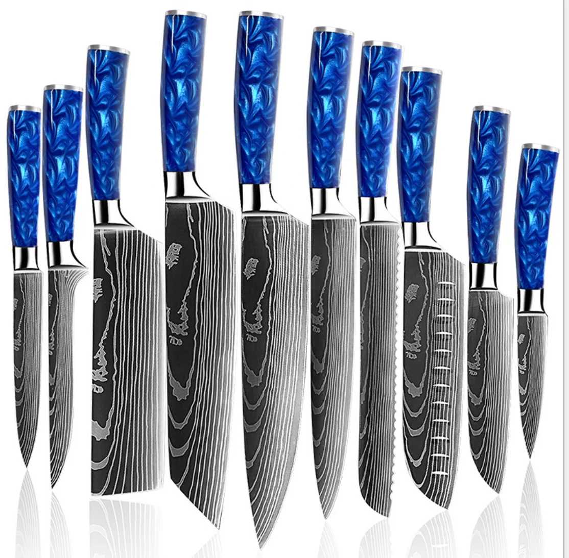 10 Pieces Kitchen Knife Set, High Carbon Stainless Steel Pattern Knife, Blue Epoxy Resin Handle
10 Pieces Kitchen Knife Set, High Carbon Stainless Steel Pattern Knife, Blue Epoxy Resin Handle