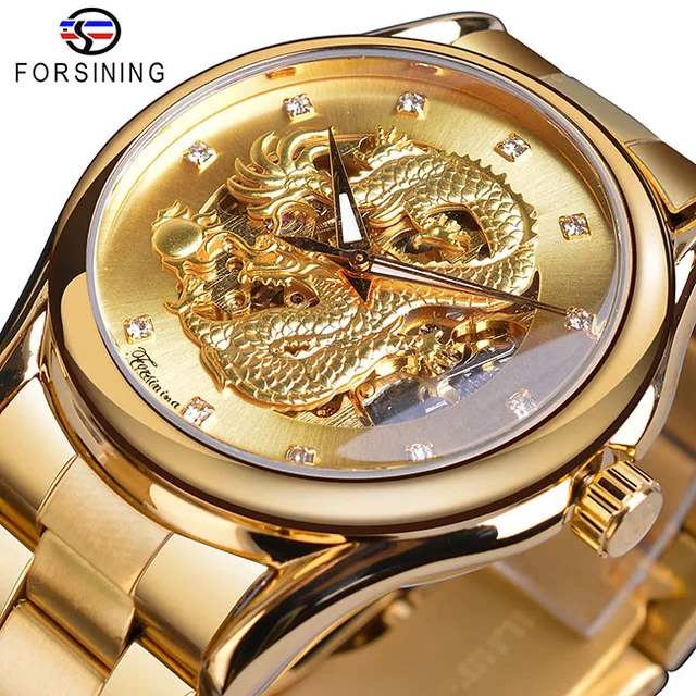 

Forsining Watch Mens Dragon Skeleton Automatic Mechanical Watches Stainless Full Steel Strap Watch Men's Clock Waterproof Reloj, 5 colors