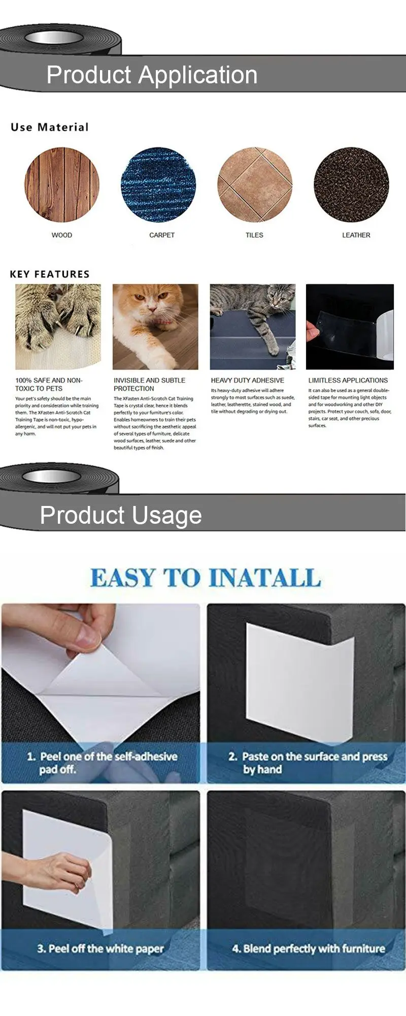 China Supplier EONBON Free Samples Clear Double Sided Pet Roll Cat Anti Scratch Training Tape