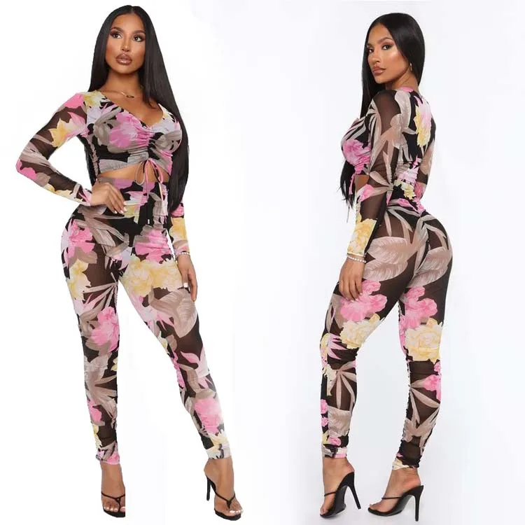 2021 Custom Logo Fashion women's sexy drawstring long sleeve pants printed V-neck crop umbilical tie two-piece set
2021 Custom Logo Fashion women's sexy drawstring long sleeve pants printed V-neck crop umbilical tie two-piece set