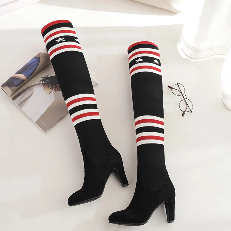 Sexy Design Round head Leisure Ladies' Over-the-knee Knitting Stripe High Heel Winter Boots, Black
Sexy Design Round head Leisure Ladies' Over-the-knee Knitting Stripe High Heel Winter Boots, Black