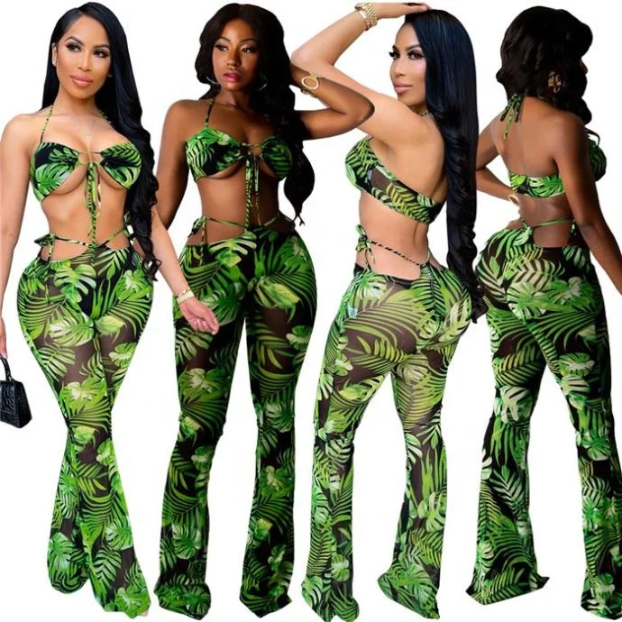 Amazon Hot Sellings 2021 Bandage See Through Mesh Printed Wide Leg Pants Two Piece Set
Amazon Hot Sellings 2021 Bandage See Through Mesh Printed Wide Leg Pants Two Piece Set