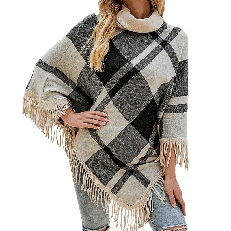 2021 New sweater women's European and American high neck tassel cloak shawl Plaid loose coat women's sweaters
2021 New sweater women's European and American high neck tassel cloak shawl Plaid loose coat women's sweaters