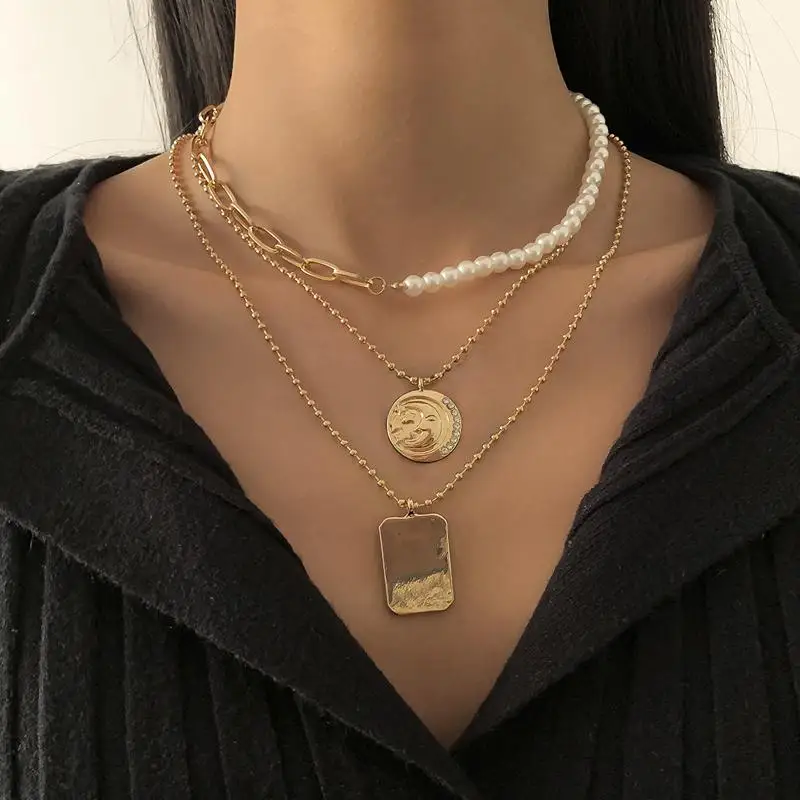 Trendy layered link chain necklace pearl moon tag pendant necklace statement jewelry, Gold
Trendy layered link chain necklace pearl moon tag pendant necklace statement jewelry, Gold