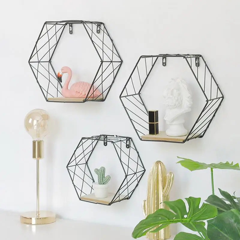 

Iron Hexagonal Grid Shelf Combination Hanging Geometric Figure For Wall Decoration Living Room Bedroom Nordic Rack