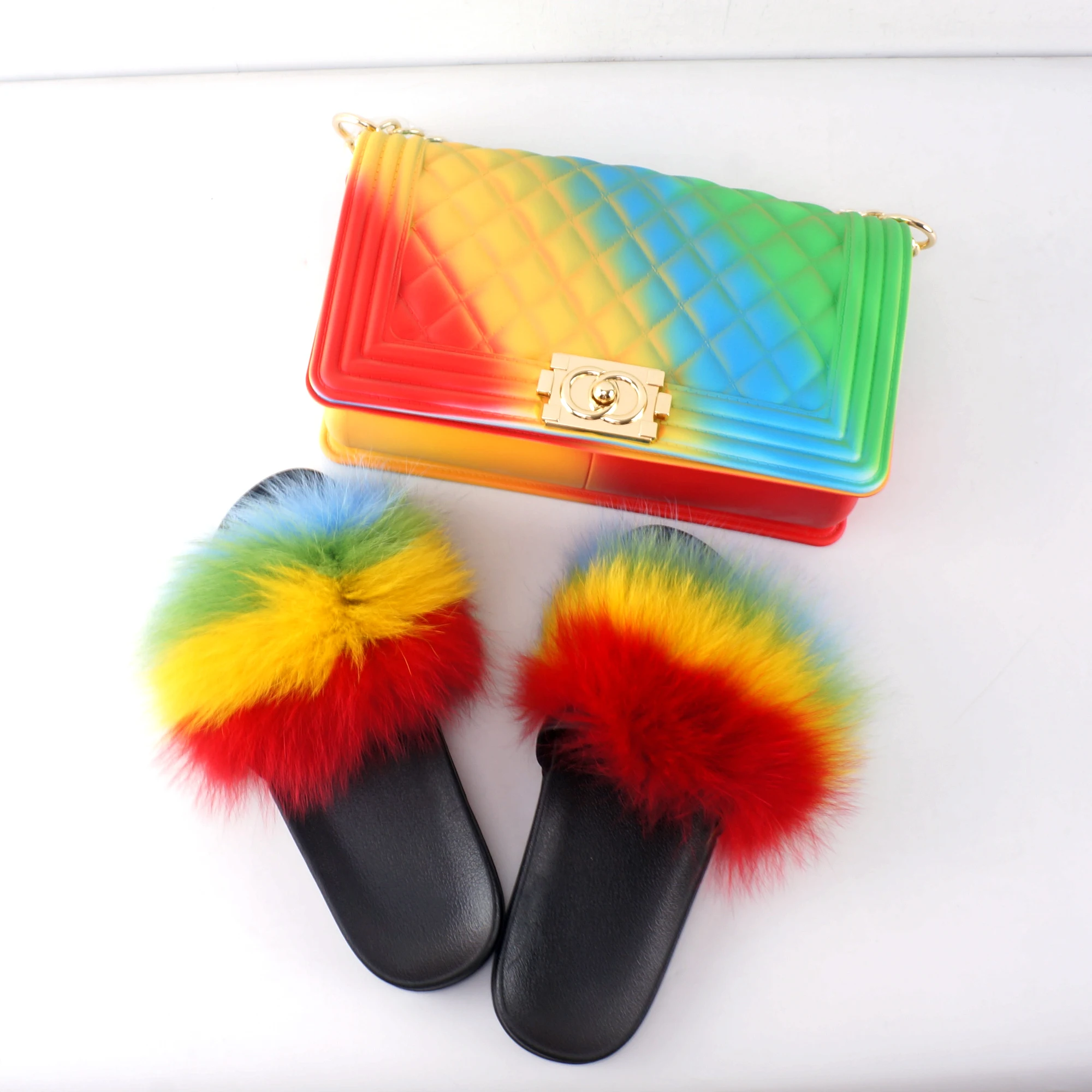 Wholesale Rainbow Candy Jelly Purses Handbags with Matching Real Fur Slippers Spring Autumn Women Fur Slides with Purse Set
Wholesale Rainbow Candy Jelly Purses Handbags with Matching Real Fur Slippers Spring Autumn Women Fur Slides with Purse Set