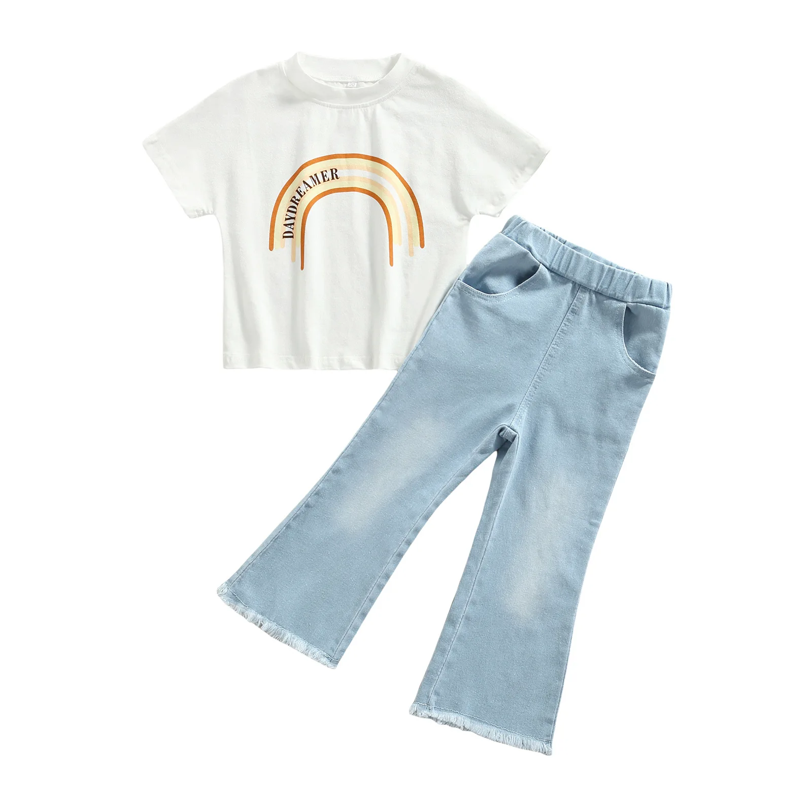 2021 Amazon Children Clothing Set Casual Baby Short Sleeve Rainbow Print T Shirt Flare Jeans Pants 2PCS Girls Suit Kids Clothes
2021 Amazon Children Clothing Set Casual Baby Short Sleeve Rainbow Print T Shirt Flare Jeans Pants 2PCS Girls Suit Kids Clothes