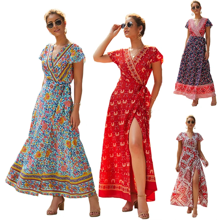 2021 Summer Laides Maxi Skirt Holiday Short Sleeve V-neck Elegant Casual Dresses Floral Print Lace Up Beach Bohemian Dress
2021 Summer Laides Maxi Skirt Holiday Short Sleeve V-neck Elegant Casual Dresses Floral Print Lace Up Beach Bohemian Dress