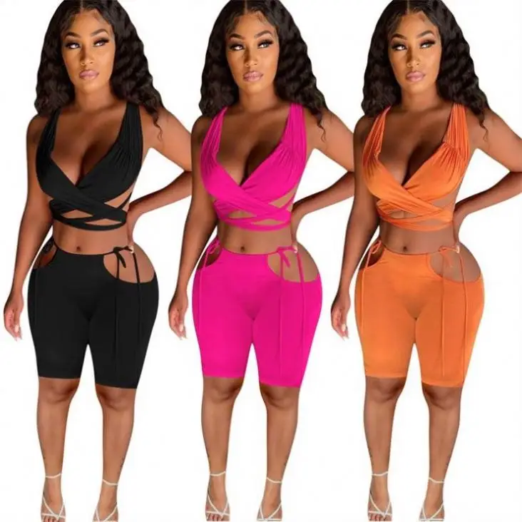 CK Lowest Price Solid Color Bandage Wrap Tops Short Pant Women Summer Sexy Tight Clothing 2 Piece Short Sets
CK Lowest Price Solid Color Bandage Wrap Tops Short Pant Women Summer Sexy Tight Clothing 2 Piece Short Sets